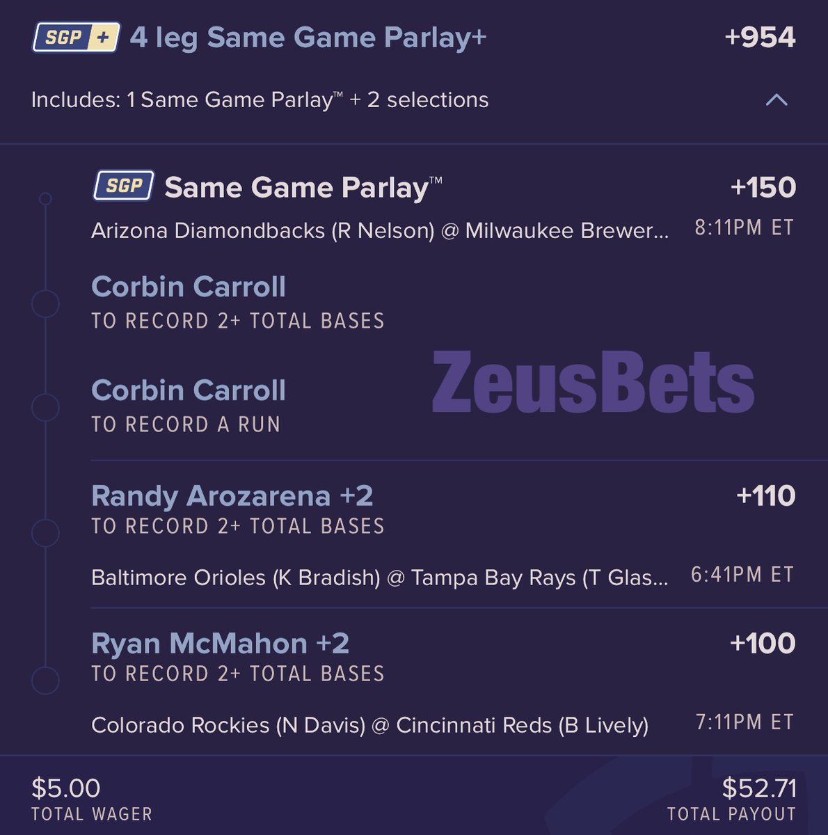 ZeusBets MLB Edition 2 - 2s Day Run

4 Leg SGP+
4 Leg Mix And Match Player Prop Bet

Odds +954 ($5 ➡️ $52.71) 🍀🍀

#ZeusBets #MLB #PoweredByZeus #bettingexpert #bettingsports #GamblingTwitter #Parlay