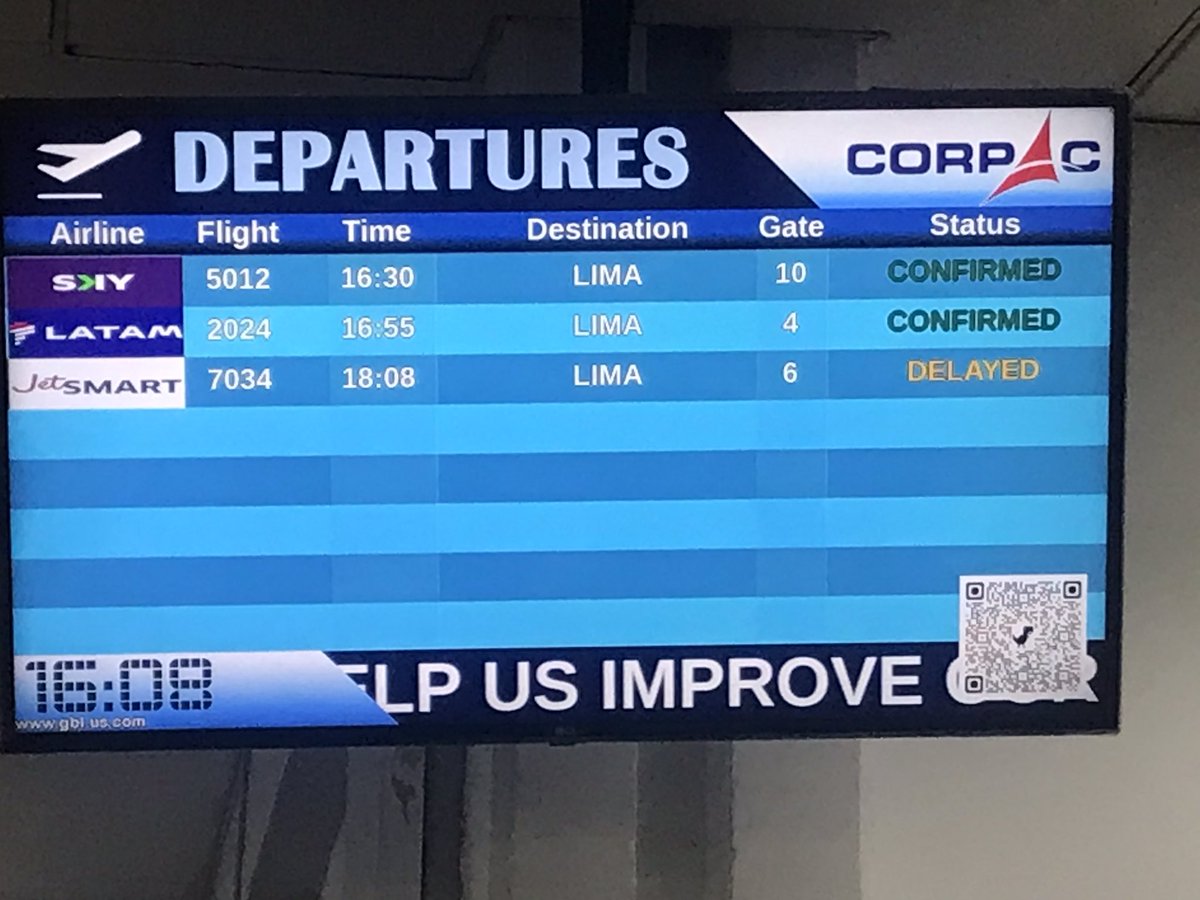 LucilaRozas's tweet photo. @SKYAirline_CL es la segunda vez que el trayecto lima-cusco-lima sus vuelos están retrasados al menos 1 hr de lo indicado en el pasaje facturado. Pésimo servicio! https://t.co/Oqo5NBvsqI