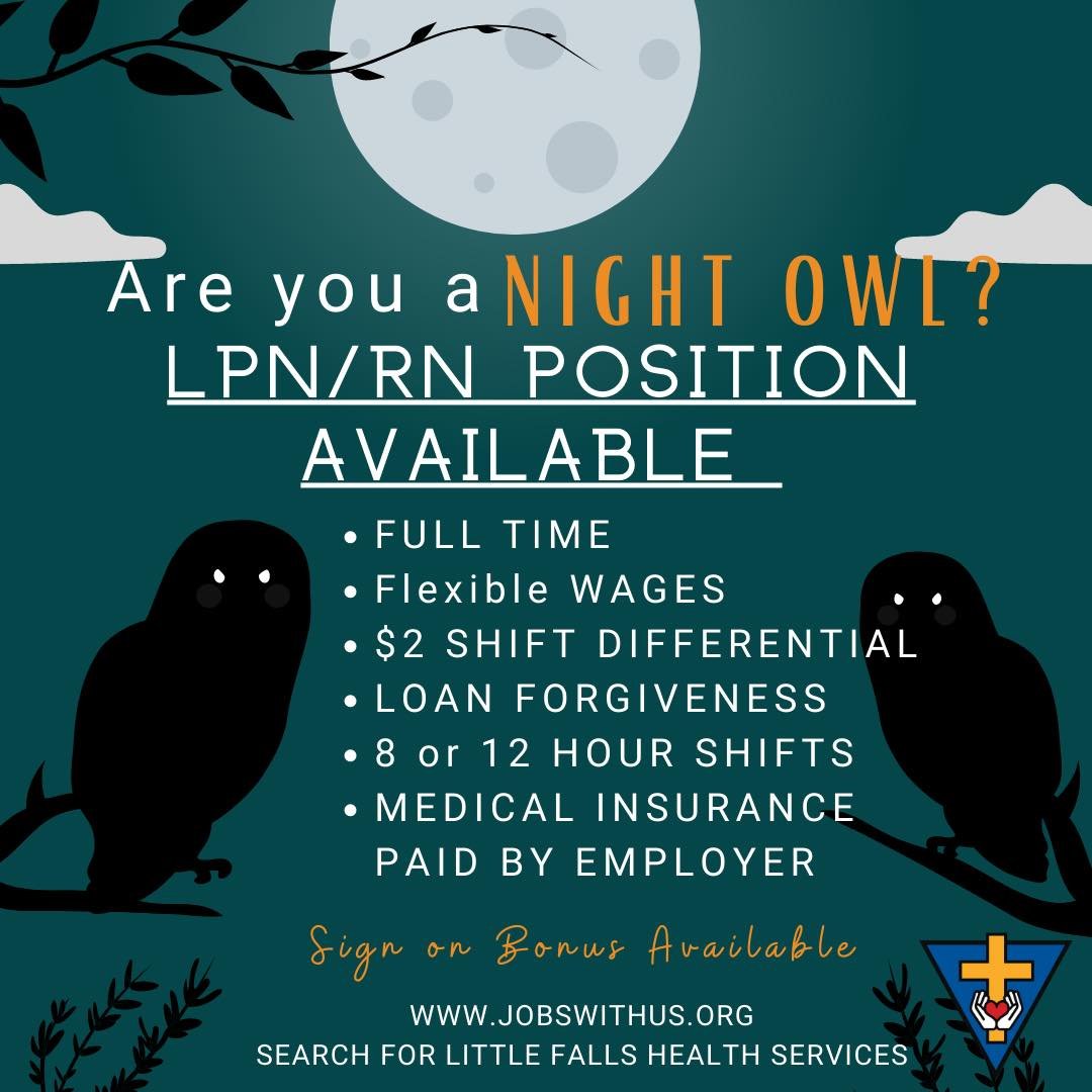 If you're a 'Night Owl'- Little Falls Health Services has positions open for you! Learn more and APPLY:
sfhs.hcshiring.com/jobs?location=…

#GoodJobsNow #MNjobs #nursing #healthcare #LittleFallsMN #MorrisonCounty