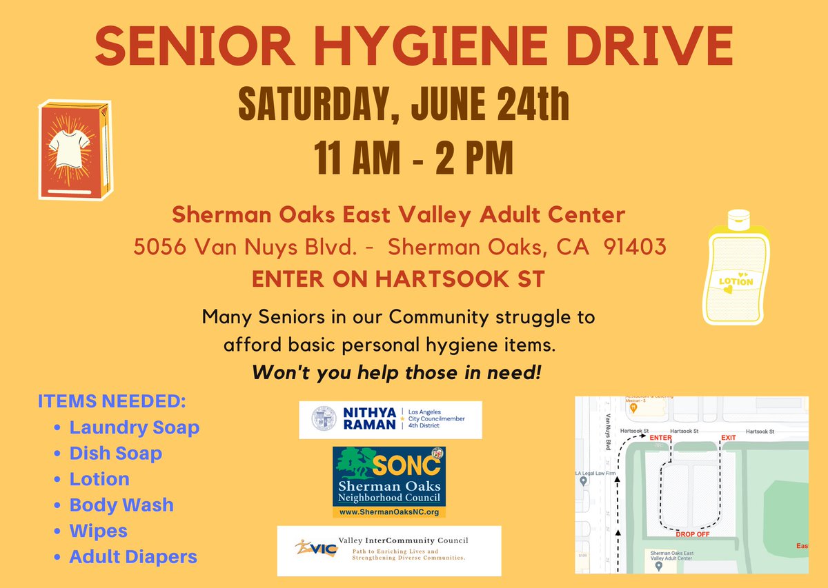 SONC Senior Hygiene Drive -
This Saturday June 24th, 2023 11 AM - 2 PM, at the East Valley Adult Center, 5056 Van Nuys Blvd. (enter on Hartsook St.). Please bring your items to donate to help Seniors in our community who struggle to afford basic personal hygiene items. https://t.co/5QKEdAD1kc