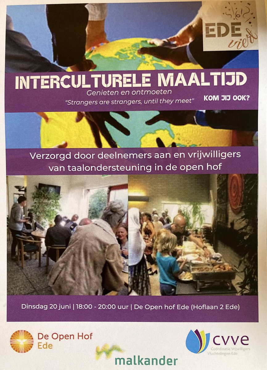 TaalhulpEde's tweet photo. Vandaag op #wereldvluchtelingendag genoten we van een multiculturele maaltijd, verzorgd door vrijwilligers en deelnemers van de #taalondersteuning in de Open Hof in #Ede #Gezellig @MalkanderEde @EdeCvv @VluchtelingWerk https://t.co/zihHF6dgoS