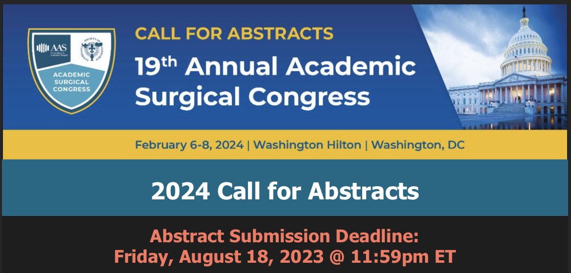 Attention @UnivSurg and @AcademicSurgery ! Abstract submissions for #ASC2024 are now open! You have two months to submit your best science to the largest & greatest academic surgical meeting in the world! academicsurgicalcongress.us