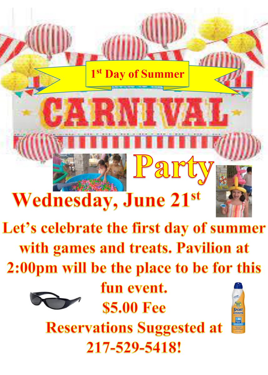 Tomorrow is the 1st Day of Summer Carnival Party at Island Bay!  Call and make reservations for your children at 217-529-5418.  This event does have a $5 fee per child.