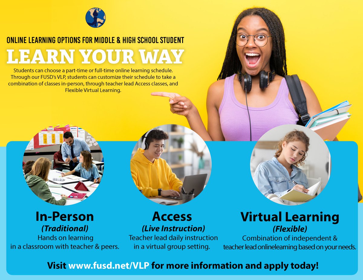 FUSD's Online Learning programs offer options that allow middle and high school students to take all or some classes online while still being involved in after-school events and programs. To learn more and enroll in the program, visit: ow.ly/Kc9450OTczg