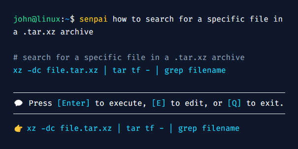 Banish search tabs forever. #BashSenpai serves you the commands you need, right in your terminal.

#DevOps #CodingLife #DeveloperTools #Programming #Linux #Terminal #CommandLine #OpenSource #Productivity #TechInnovation #AI #ArtificialIntelligence #ChatGPT