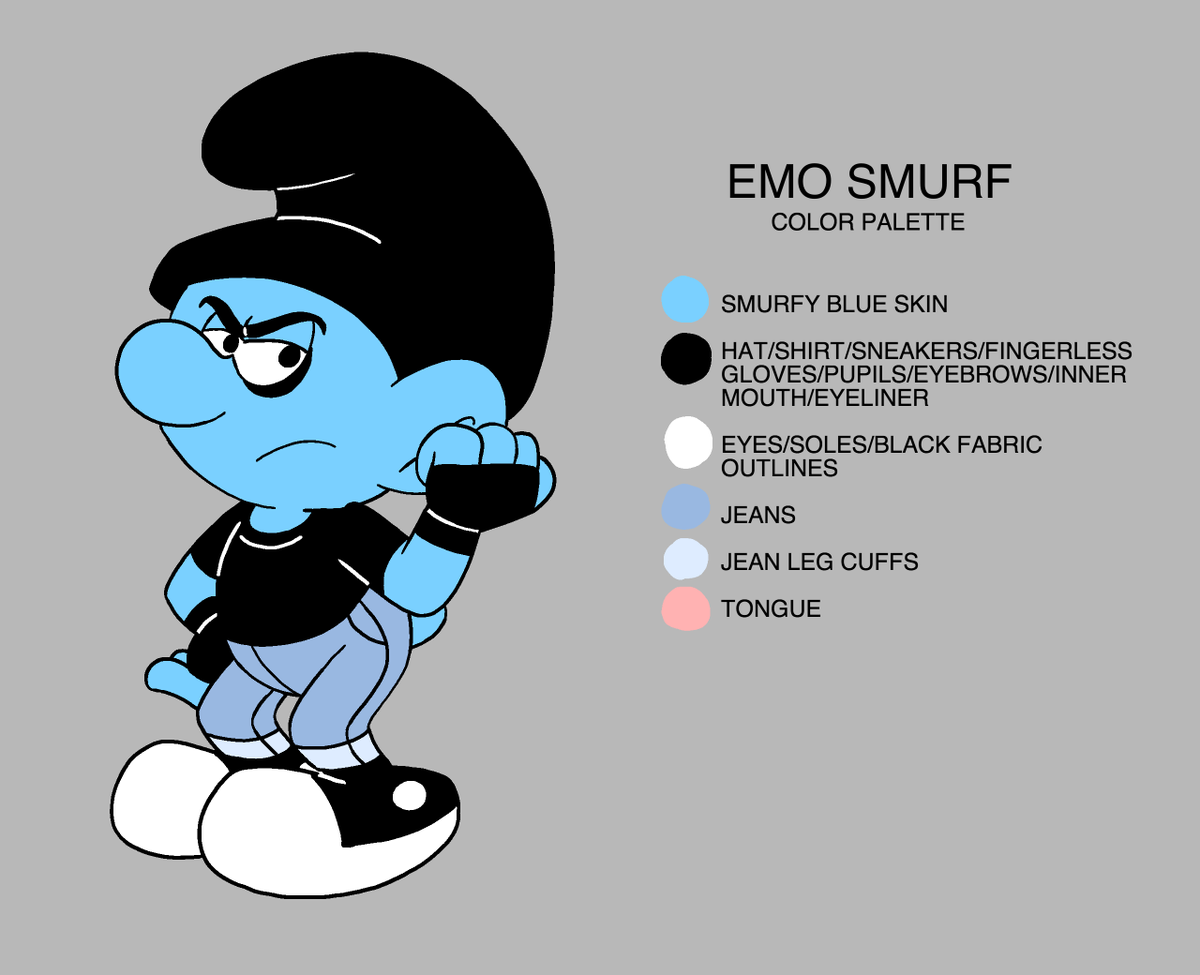 MatthewJGrisha1's tweet photo. Emo Smurf (2023) color palette sheet

#emosmurf #schtroumpfmiserable #thesmurfs #lesschtroumpfs #fanart #digital #firealpaca #modelsheet #hannabarbera #1981series https://t.co/JwbZ3ygYIq
