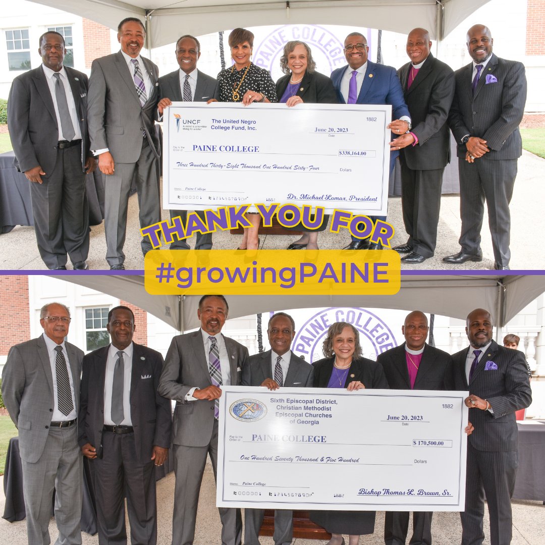 PaineCollege82's tweet photo. Look who's #growingPAINE with us. Today, we were honored to receive more than a half-million dollars in donations to preserve Paine College for another 141 years as part of our #growingPAINE fundraiser.
Thank you Christian Methodist Episcopal Church and @UNCF for #growingPAINE. https://t.co/bfVkJnTRTc