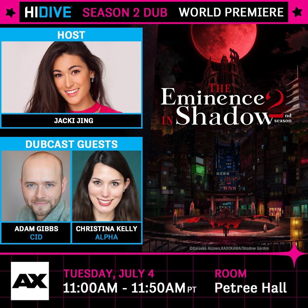 ChristinaMarieK's tweet photo. “We are Shadow Garden!” ⚔️

I’m so excited to attend my first @AnimeExpo with @Adamngibbs to promote The Eminence in Shadow Season 2. 🙌🏻 We will be there July 4th at 11am, so make sure to come see us! See you soon LA!!! 💖 https://t.co/RWZNZiysiY