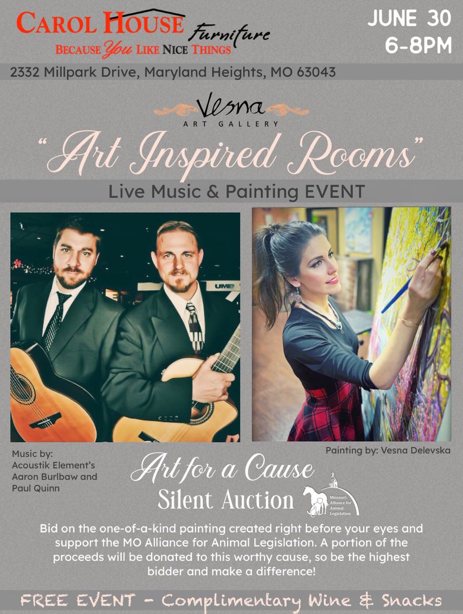 Art event at Carol House Furniture on June 30th with live music, live painting, and silent auction benefiting MO Alliance for Animal Legislation - 20% off original paintings. #ArtInspiredRooms #CarolHouseFurniture #MOAllianceforAnimalLegislation #SilentAuction #LiveMusic #LiveArt