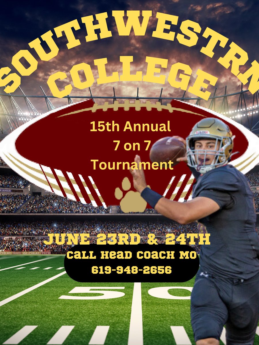 SWCJaguarFB's tweet image. This Friday and Saturday, come out &amp;amp; support the ⁦@SWCfb⁩ 15th annual 7 on 7 Passing Tournament! First games start @ 9AM! @KUSIPPR @SDFBRecruits @sdfootball @Daygofootball @SDFNLMagazine @SanDiegoCounty @SanDiegoMag @thinkchulavista @KingofJUCO @jucoroute @JuCoFootballACE