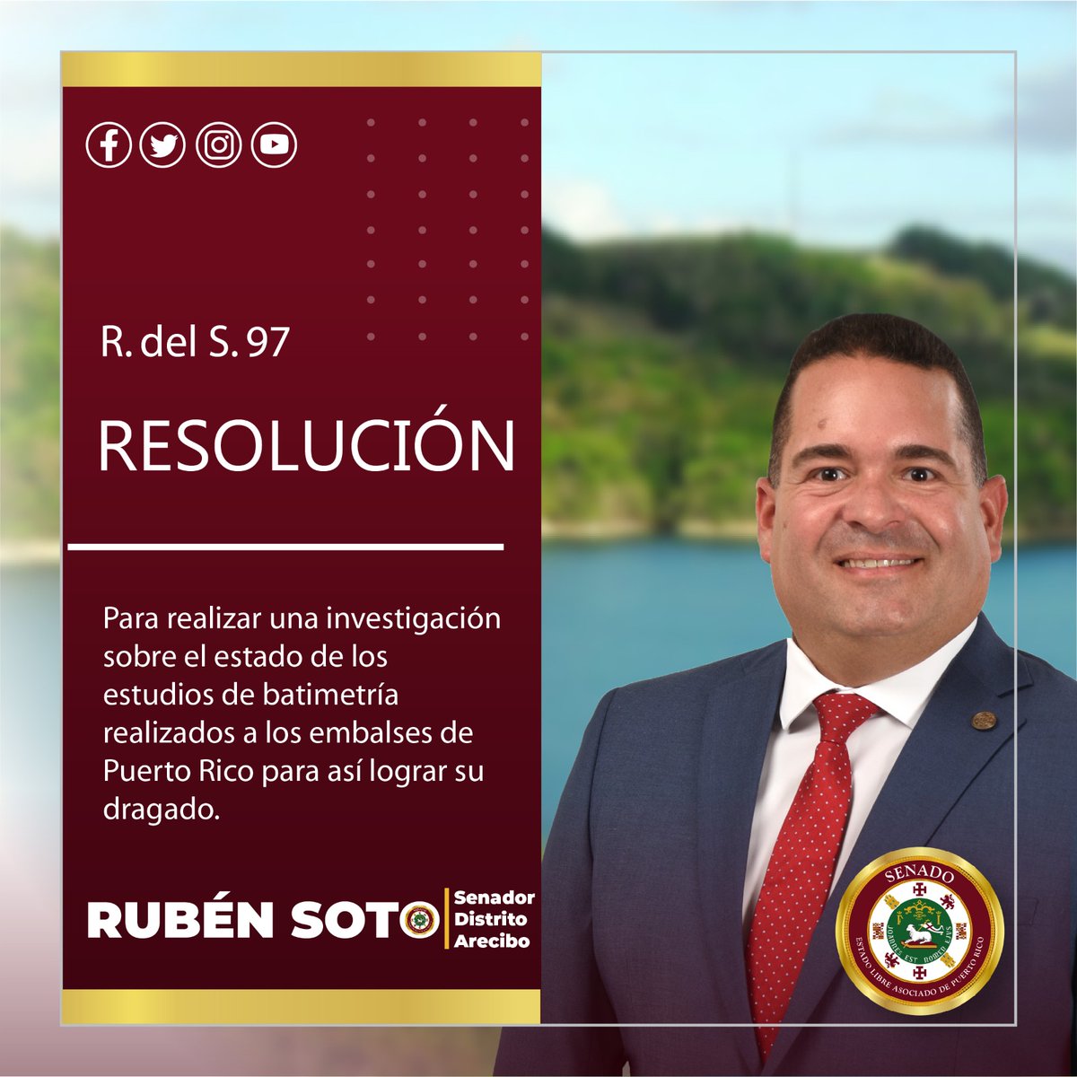 Rubensenadorpr's tweet photo. ¡Aprobada en el Senado la Resolución 97! Con esta resolución se realizaría una investigación sobre el estado de los estudios de batimetría realizados en los embalses para así lograr su dragado. ¡Seguimos trabajando!

#RubenSoto #SenadorPresente https://t.co/Us4QJb4rZ0