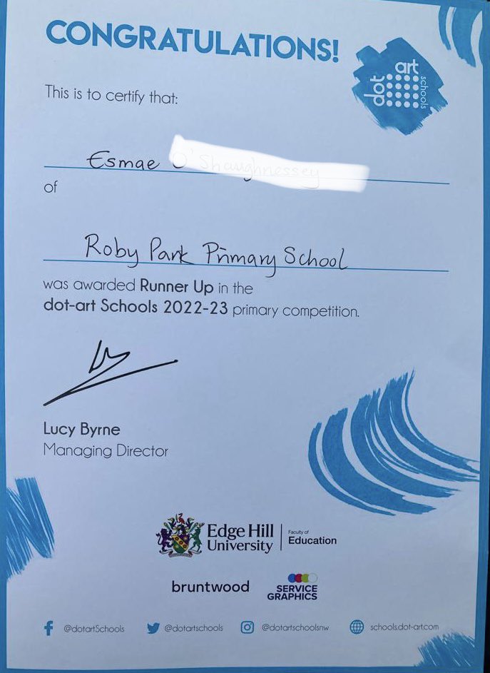 Many thanks @dotartschools and everyone involved in today’s art comp in Liverpool. Huge Congratulations to Esmae who was awarded the Primary School First Runner up. Thanks also to @bexyart for inspiring us #RPart #RPEnrichment.