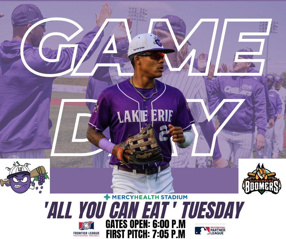 LECrushers's tweet photo. We are GAMEDAY ready! Join us for ‘All You Can Eat’ Tuesday!
Post Game Kids Run the Bases 
Gates Open: 6:00pm 
First Pitch: 7:05pm
🎟: https://t.co/Sl6dTRxwMm
#LakeErieCrushers #Ohio #Baseball #ChasingGrapeness https://t.co/ySVYzPSRek