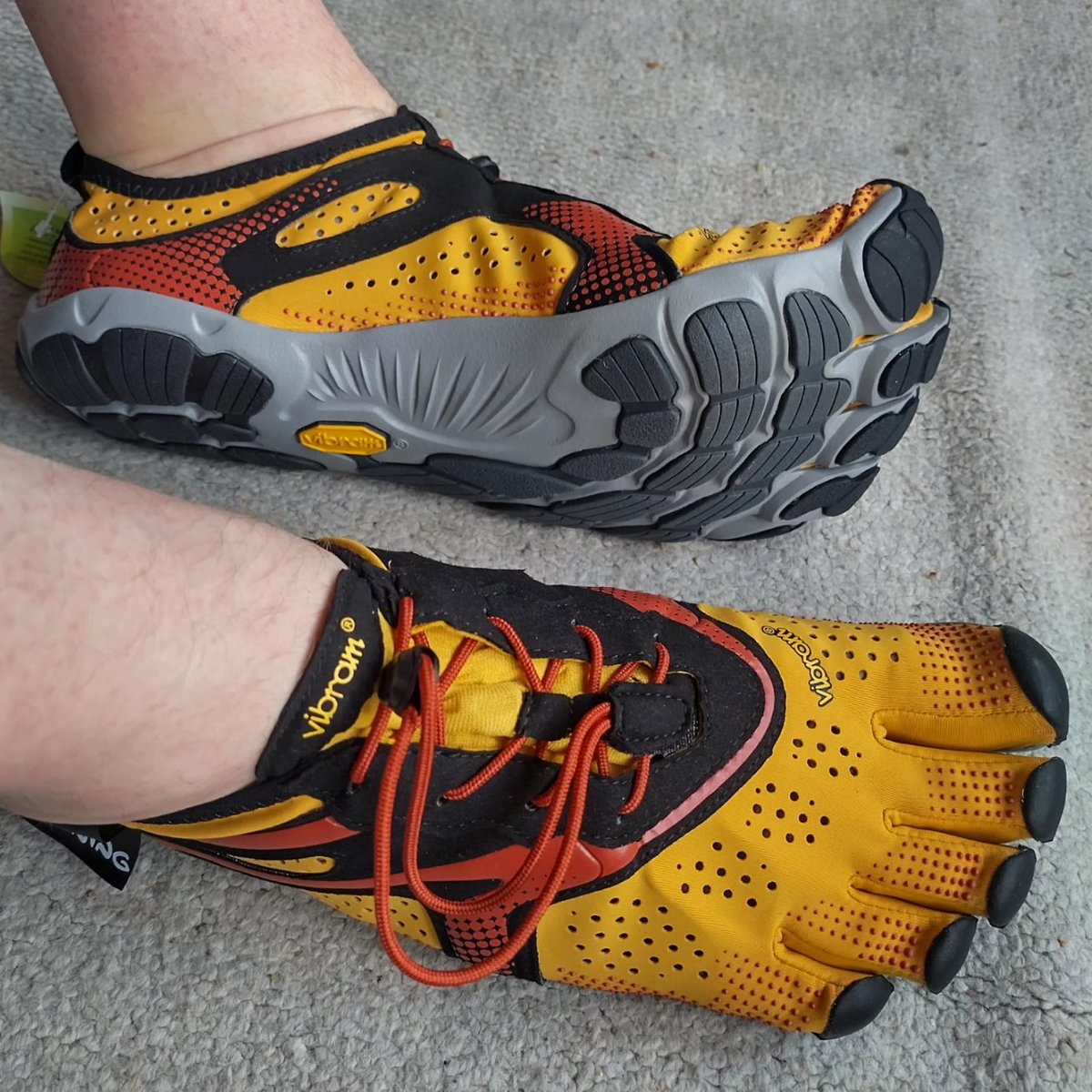 Yisarus's tweet photo. Yay, my new golden V-Runs arrived today and they look amazing! Who needs a high vis vest when you have a pair of these 😋
Thanks @Barefootjunkie for the crazy fast shipping ❤️
#Vibram #FiveFingers #VibramFiveFingers #ToeShoes https://t.co/g7fQyU61wm