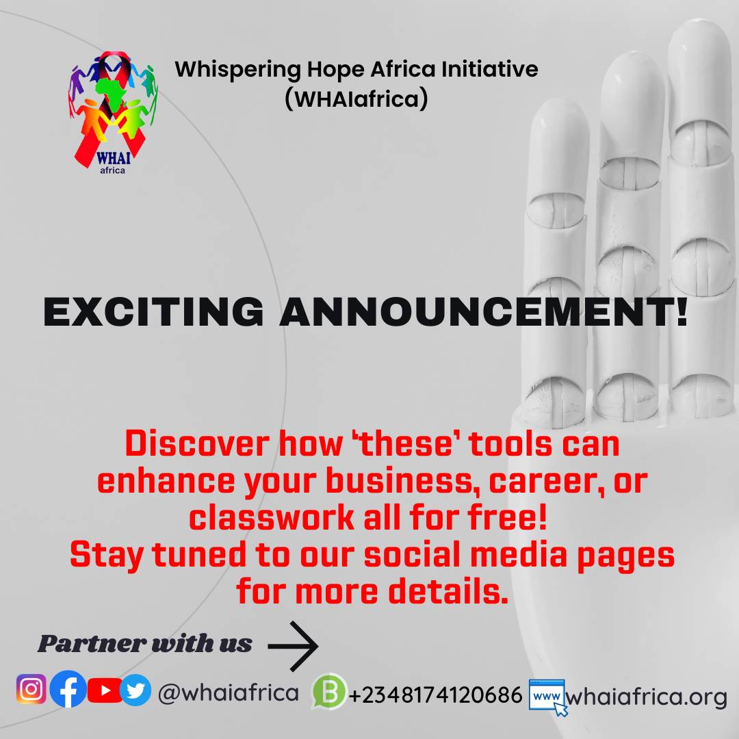 #ComingSoon #AIforSuccess #AIEnhancement #AIforCareer #AIforBusiness #AIinEducation #AIRevolution #WHAIafrica

Like the following pages so you don't miss the details:  instagram.com/whaiafricaa?ig…

Twitter twitter.com/WHAIafrica?s=08
Facebook facebook.com/Whaiafricacrea…