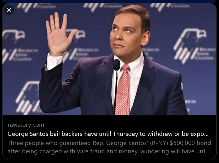 Santos May See The Inside Of A Jail Cell
#FreshResists #ONEV1 #BluePride #DemVoice1 #ResistanceUnited #wtpBlue #DemCast 
-- If it was an illegal political backer providing the bail... he goes to jail
-- If Someone acted as a straw man for Santos' bail... he goes to jail
-- If it