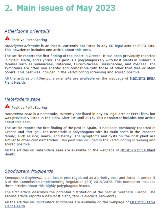 Plants_EFSA's tweet photo. The #PlantHealth Newsletter on #HorizonScanning for May 2023 is #AvailableNow! 

Find at https://t.co/ce3GkqdOM3 
the results of scientific and media sources retrieved by the #Medisys platform for 1-30 April.

🪰🫑🌽🪱🫒

 #fastidiosa #Spodoptera #Atherigona https://t.co/9FiUFtfe7u
