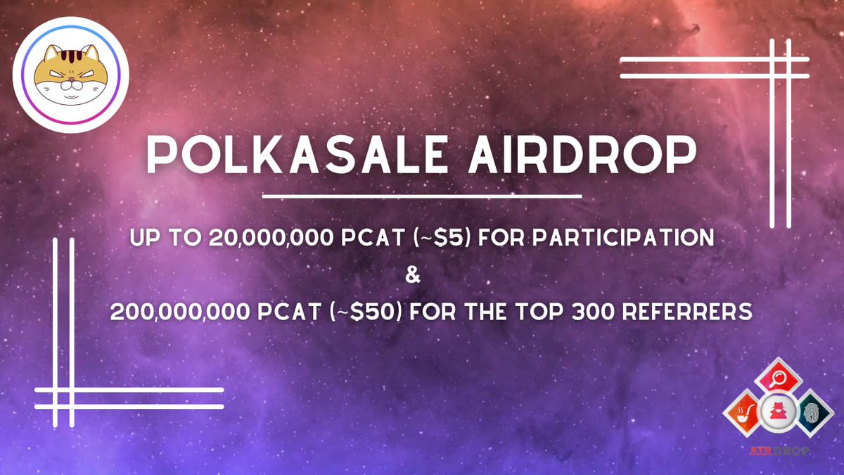 🔍 PolkaSale #Airdrop 🏆Total Airdrop Pool: 120 Billion PCAT [~$30,000] 🔴 Start the airdrop bot t.me/PolkaSaleAirdr… 🔘 Do the tasks on the bot & submit your data. 🔘 Details: youtu.be/SLXF2RRkTfI #Airdrops #Bitcoin #PolkaSale #AirdropDetective