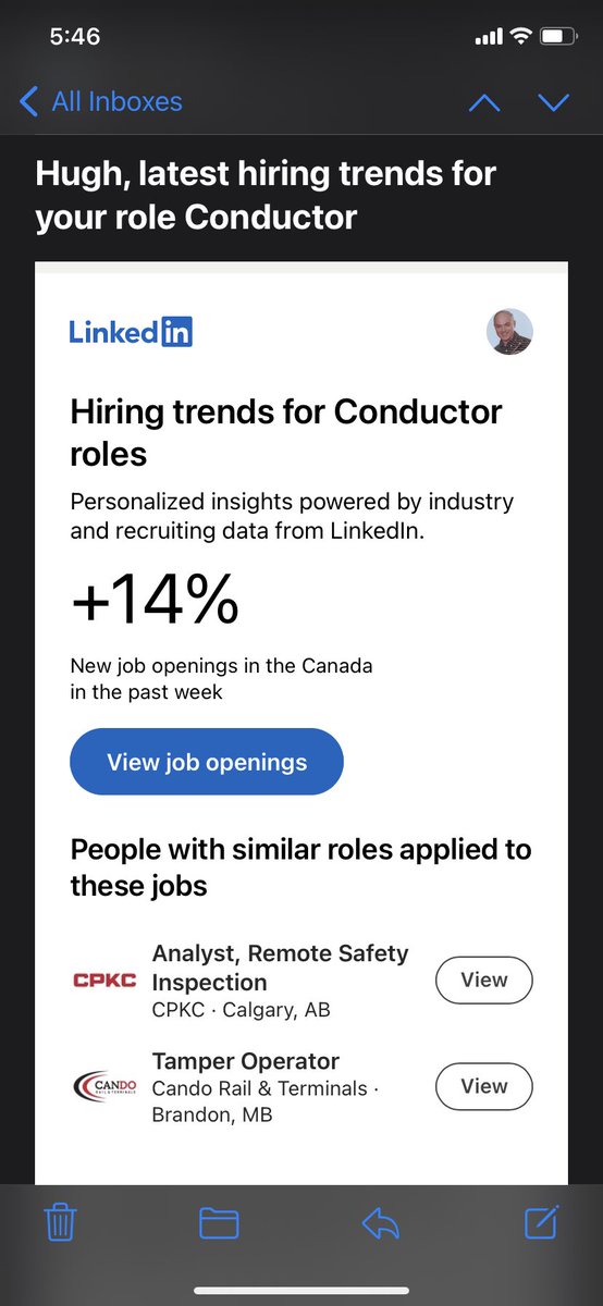 hugjohns's tweet photo. Looks like LinkedIn might be thinking of the wrong kind of conductor for me 😀🚂 https://t.co/f3aEUFFMwj