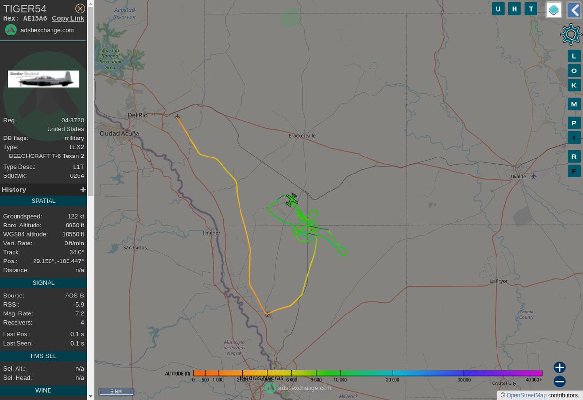 MULTI ADSBX MANOEUVRING ALERT : At time Tue Jun 20 22:46:52 2023 #TIGER54  was likely to be manoeuvring at FL99 23nm from DLF Laughlin_VORTAC_US
 near Kinney County, Texas, United States #AvGeek #ADSB globe.adsbexchange.com/?icao=AE13A6&z…