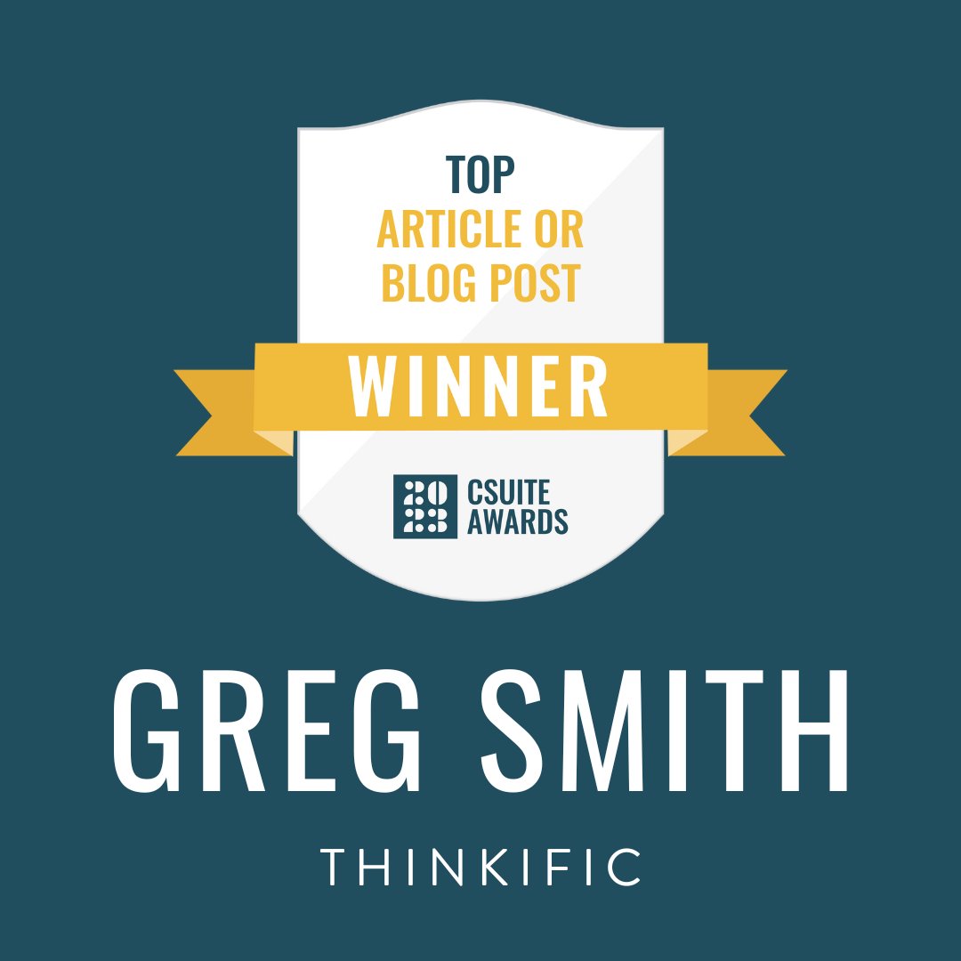 Thinkific (@thinkific) on Twitter photo Exciting news!!! ๐
Congrats to our fearless leader, <a href="/GregThinkific/">Greg Smith</a>, for being selected as a winner of the 2023 <a href="/CSuiteContent/">CSuite Content</a> Digital Leadership Award for Top Article/Blog Post!
Greg is in the company of some amazing leaders, see the full winners list:
lnkd.in/gGcKbppZ Exciting news!!! ๐
Congrats to our fearless leader, <a href="/GregThinkific/">Greg Smith</a>, for being selected as a winner of the 2023 <a href="/CSuiteContent/">CSuite Content</a> Digital Leadership Award for Top Article/Blog Post!
Greg is in the company of some amazing leaders, see the full winners list:
lnkd.in/gGcKbppZ