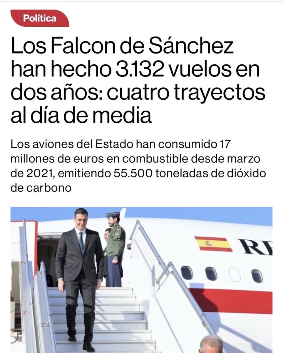 Uso del Falcon:
Pedro Sánchez 3132 vuelos en 2 años. El Gobierno oculta la información del total de vuelos.
José Luis Rodríguez Zapatero 242 vuelos de 2004 a 2011
José María Aznar 240 vuelos desde 1996 hasta 2004
Felipe González 164 vuelos
Mariano Rajoy 148 vuelos de 2011 al 2018