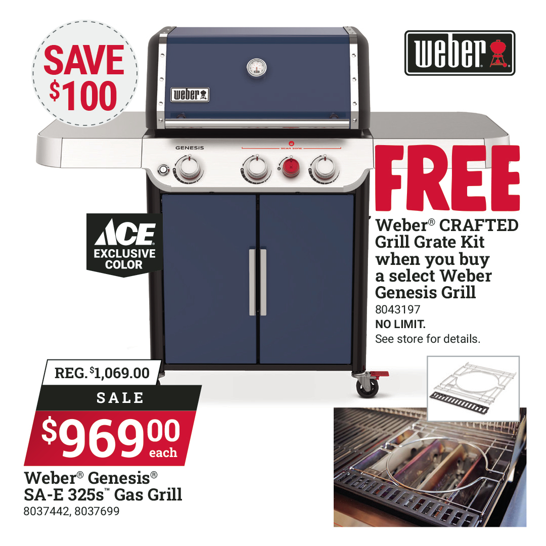 Get a FREE Weber® CRAFTED grill grate kit with the purchase of a select Weber® Genesis® grill, like the Weber® Genesis® SA-E-325s™. It’s on sale now through 7/1 for $969 at participating locations. Free grill grate kit valid at participating locations June 7-19. #MyLocalAce