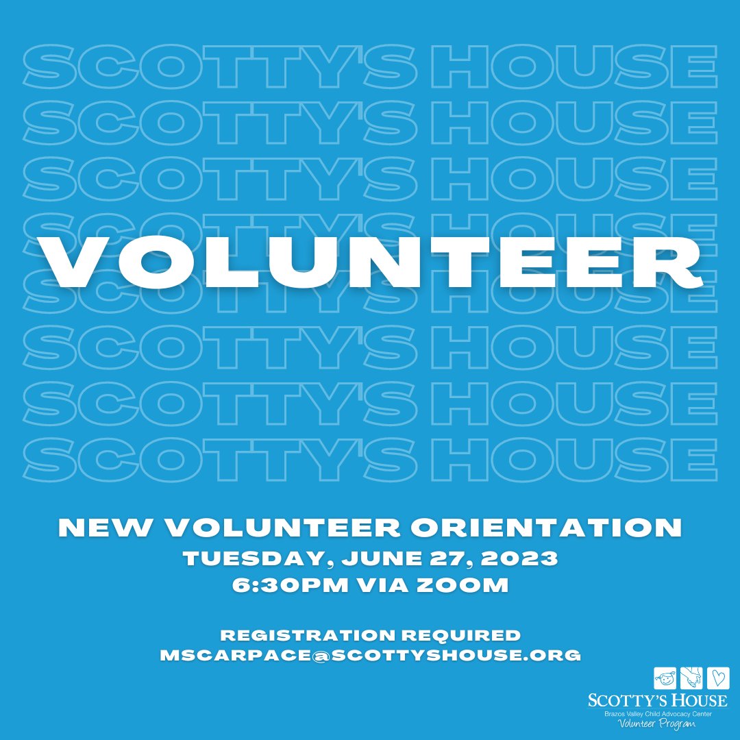A reminder that Summer New Volunteer Orientation is in one week! For more information and to register, email Melanie at mscarpace@scottyshouse.org. ❤️💚💙
