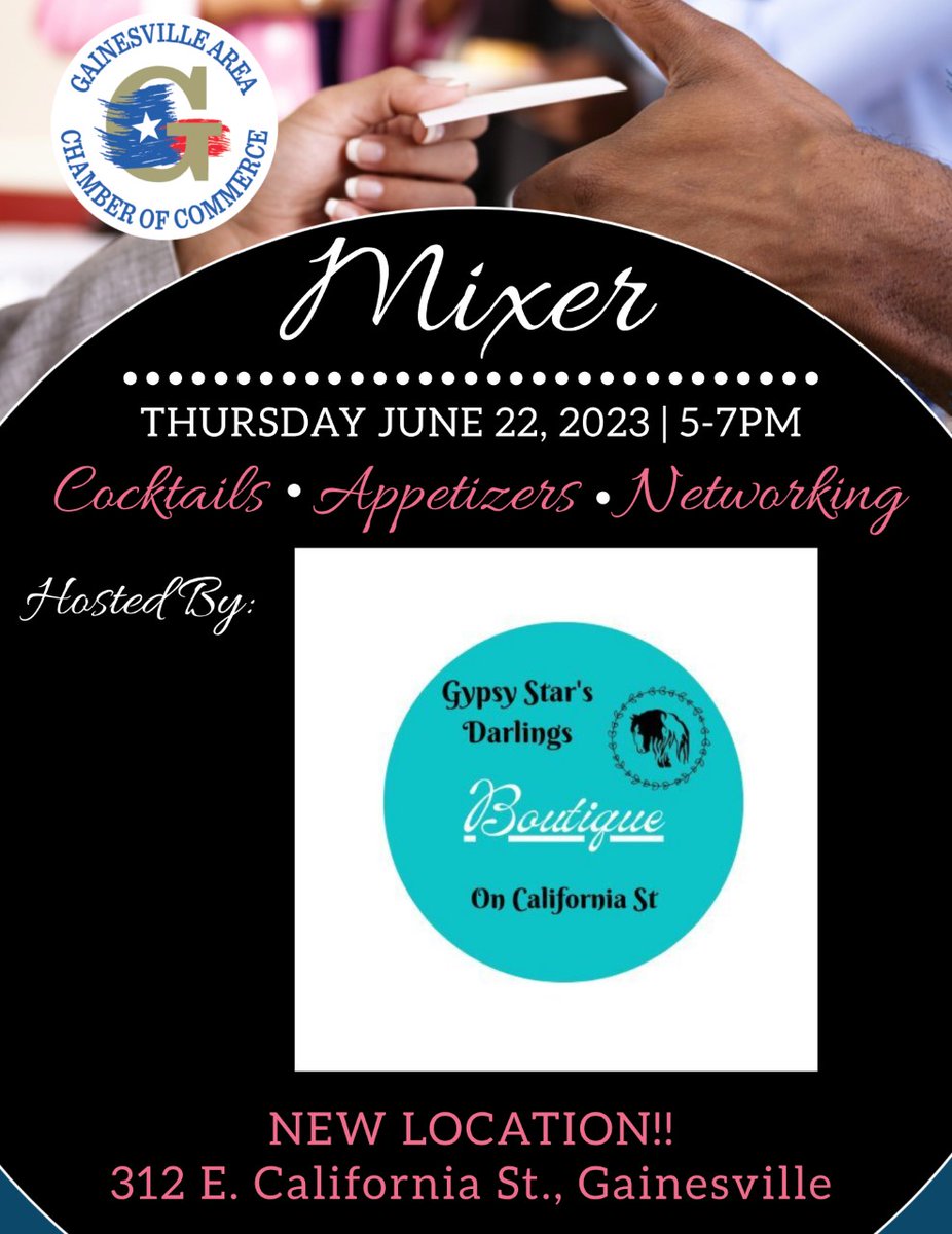 GainesvilleCofC's tweet image. If you have been looking for a reason to visit GypsyStar’s Darlings new location on California St, then you will love this event! Join us this Thursday for our June Mixer! One lucky attendee will even walk away with a raffle prize, so don&apos;t miss out!
#goseegville #networkingisfun