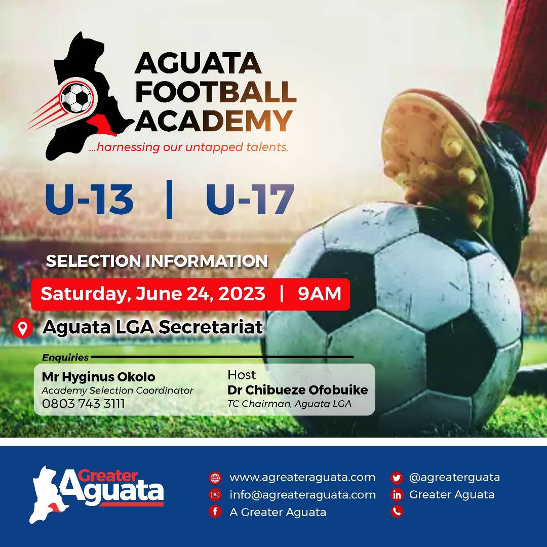 Our Selection Exercise which holds on Saturday, June 24, 2023, will mark the beginning of a disruptive human capital development in our area.

It is not impossible to groom future successful players in and outside Nigeria.

#AGreaterAguata 
#AguataFootballAcademy 
#ANewBeginning