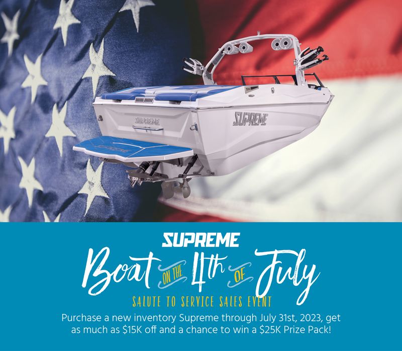 With the purchase of a new inventory Supreme through July 31st, 2023 can get you as much as $15,000.00 off and a chance to win an Experience &amp; Accessory Prize Pack valued at $25,000.00 to compliment your new boat! supremetowboats.com/blog/supreme-b…