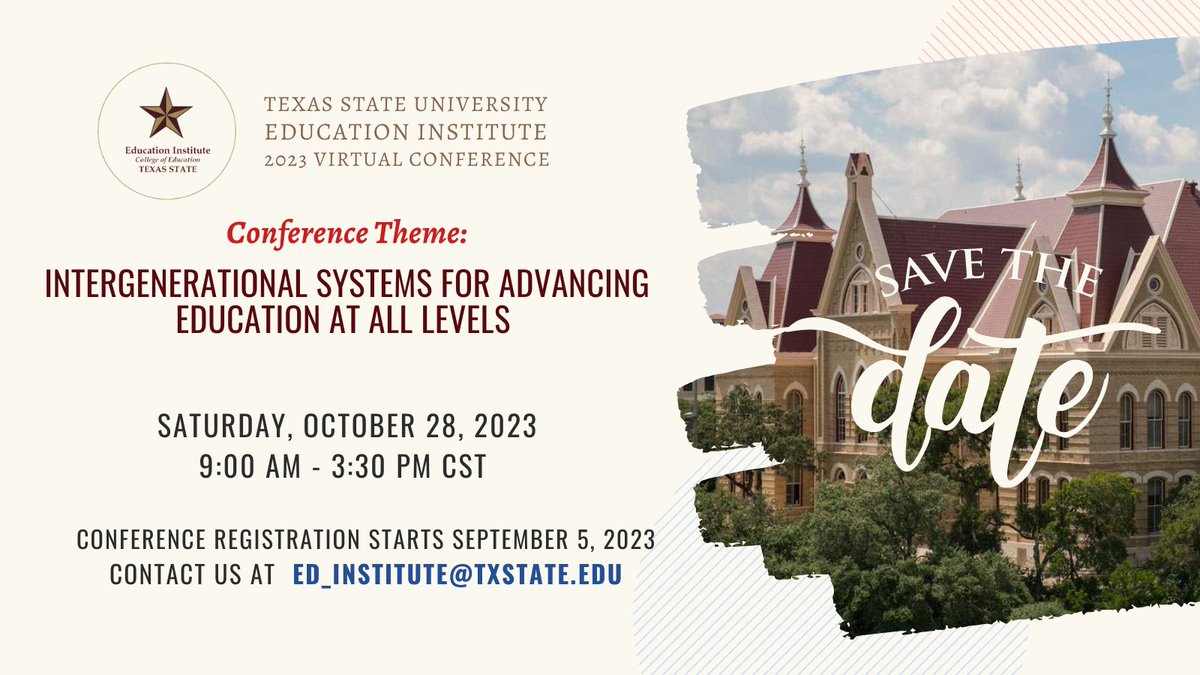 ⚠️ please save the date and plan to participate in our conference this year 👇
#TEIConference2023
<a href="/APCETXST_PhD/">APCE TX ST Doctoral Program</a> 
<a href="/TxStateAdultEd/">Texas State APCE MA</a> 
<a href="/DevEdTxSt/">Postsecondary Student Success at TXST</a> 
<a href="/CLAS_TXST/">CLAS at Texas State</a> 
<a href="/TXSTCOE/">College of Education at TXST</a> 
<a href="/TXSTGradCollege/">The Graduate College</a> 
<a href="/txst/">Texas State University</a> 
<a href="/kimkennedyphd/">Kim Kennedy, Ph.D.</a> 
<a href="/Superjan27/">Jan Adversario</a> 
@heej_yay 
@DrBaumgartner37 
@BohonosJ 
@CoryellJoellen