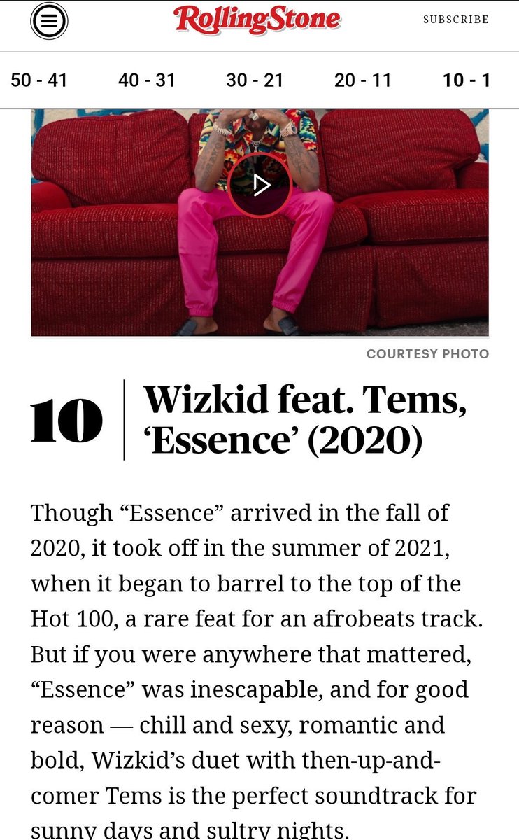 Wizkid’s “Essence” ranked at #10 on Rollingstones Best songs of summer of all time. 

— It is the only African song on the list.