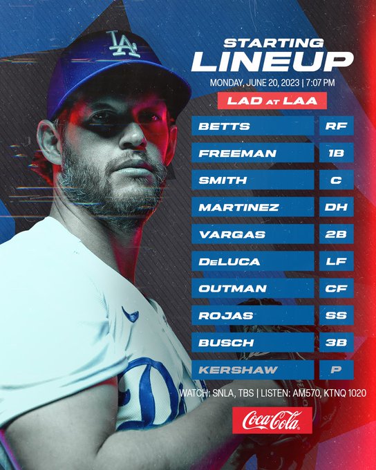 Tonight’s Dodgers lineup at Angels:

Betts RF
Freeman 1B
Smith C
Martinez DH
Vargas 2B
DeLuca LF
Outman CF
Rojas SS
Busch 3B
Kershaw P
