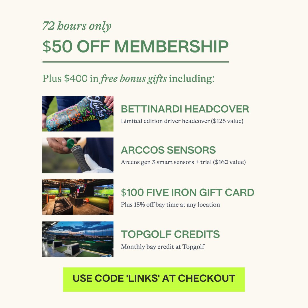 LinksDAO's tweet photo. $50 off Links Golf Club for the next 72 hours only! Affordable golf membership that gives you access to premium courses, events, and exclusive offers on the best gear in the game. Plus get $400 in free welcome gifts (while supplies last) ⛳ 

Join: https://t.co/k4nkHoZ2v3 https://t.co/eYww53uwco