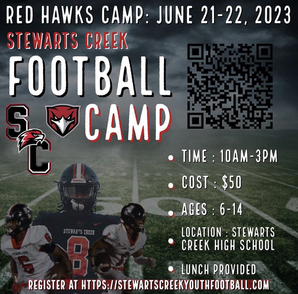 Football camp starts tomorrow! Make sure you’re registered. Walk ins will be welcome. Campers only need t-shirt, shorts, and cleats. Early drop off is at 9 and late pickup is at 4. See ya there!