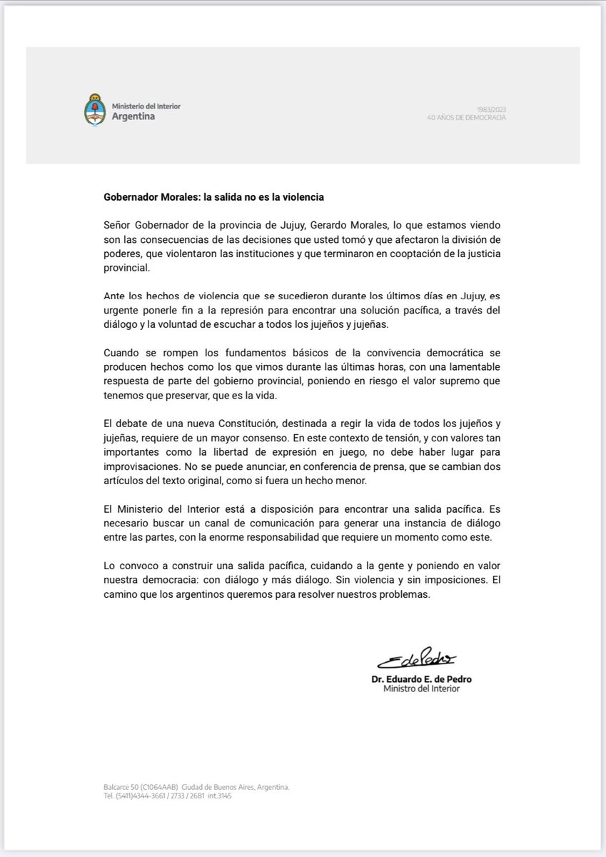 MInterior_AR's tweet photo. Comunicado del ministro del Interior de la Nación, @wadodecorrido. https://t.co/mSgqSxGt5M