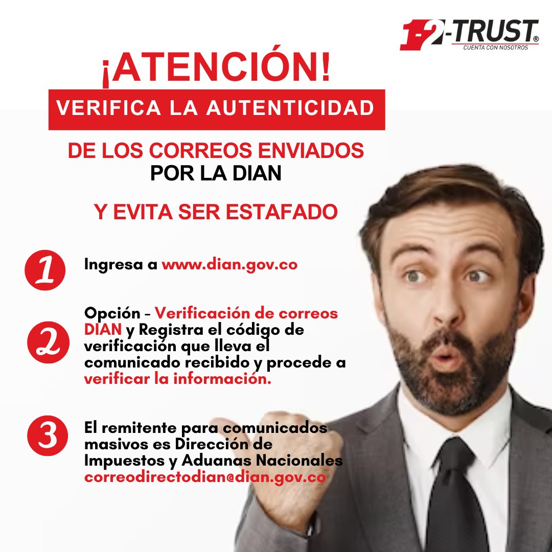 12Trust_CO's tweet photo. ¡Atención!

Verifica la autenticidad de los correos enviados por la DIAN y evita ser estafado. 

#DIAN @12Trust_CO https://t.co/xET37E6zp3
