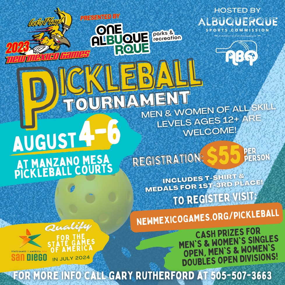 Get in the game at the 2023 #NewMexico Games #Pickleball Tournament presented by @CABQParks! 🏆 Cash prizes up for grabs!💰 Event is a qualifier for the 2024 State Games of America! newmexicogames.org/pickleball

#nmgames #goforgold #stategamesofamerica #sga2024 @VisitABQ #abq