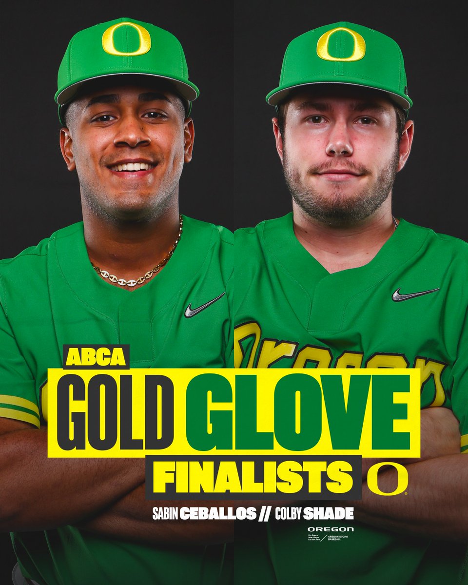 𝐋𝐞𝐚𝐭𝐡𝐞𝐫 𝐖𝐨𝐫𝐤𝐬

@20_Sabin (3B) and <a href="/ColbyShade/">Colby Shade</a> (OF) are finalists at their positions for the <a href="/ABCA1945/">ABCA</a> Gold Glove Award. Winners announced tomorrow at noon (PT). #GoDucks