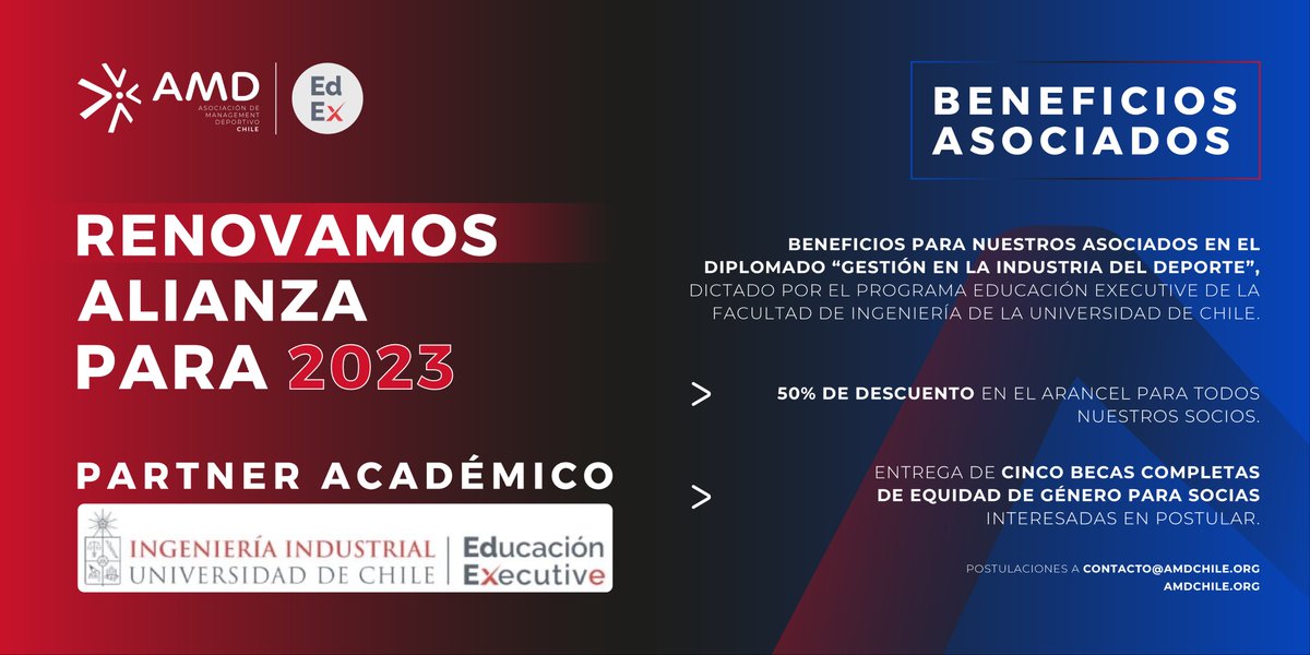 amd_chile's tweet photo. RENOVAMOS ALIANZA PARA 2023.

Alianza con la Facultad de Ingeniería Civil Industrial de la @uchile, y tenemos 50% de dcto en el Diploma para todos l@s soci@s, más 5 becas 100% de equidad de género. El programa se inicia el 17 de julio, postulaciones en contacto@amdchile.org https://t.co/ltCehRS4FZ