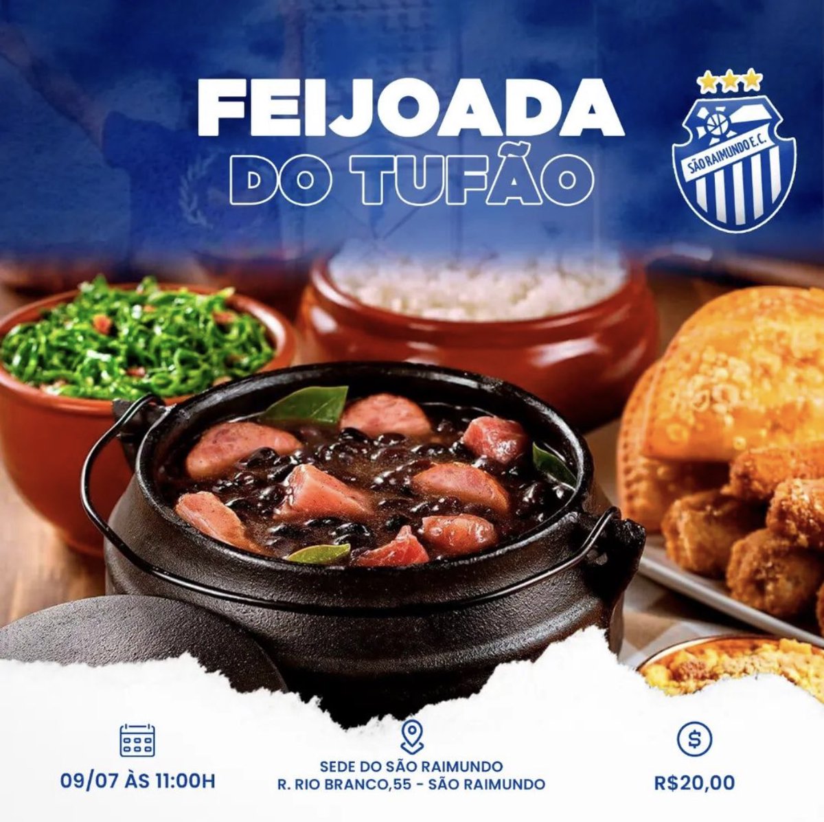Feijoada Tufão A FORÇA AZUL, em parceria com a Presidência e Diretoria do clube, entre outras torcidas estaremos promovendo este evento para arrecadar fundos que será investido diretamente no São Raimundo E. Clube-AM, por apenas R$ 20,00 você vai saborear uma deliciosa Feijoada.