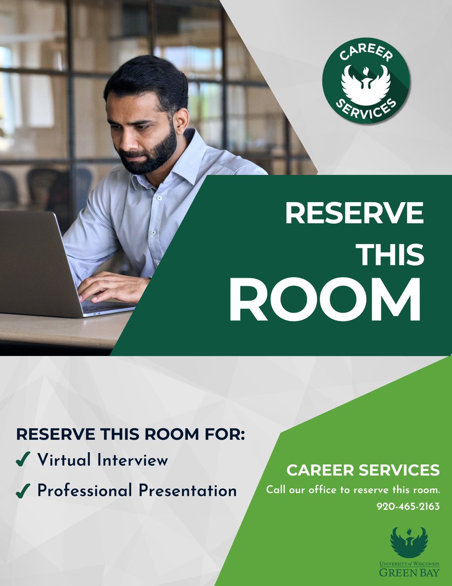😮Did you know that you can reserve an interview room?
✨If you don't have a quiet area with a neutral background where you can complete your virtual interview reach out to Career Services!

uwgb.edu/careers/contac…

#tipstuesday