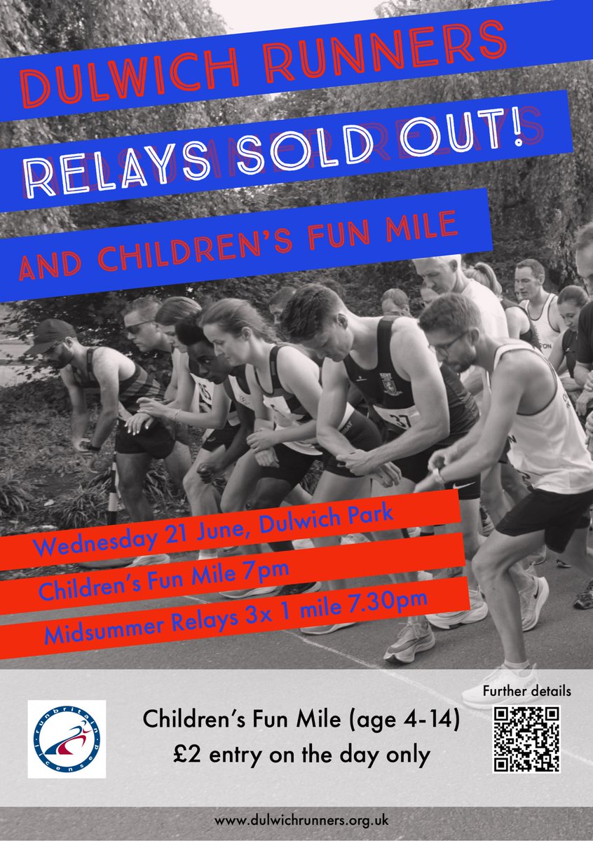 We hope you’re looking forward to a great Wednesday evening of running at Dulwich Park! Relays are SOLD OUT. The children’s race is entry on the day - our registration desk opens at 6.15pm near the Dulwich Parkrun start. Medals for every child who takes part!