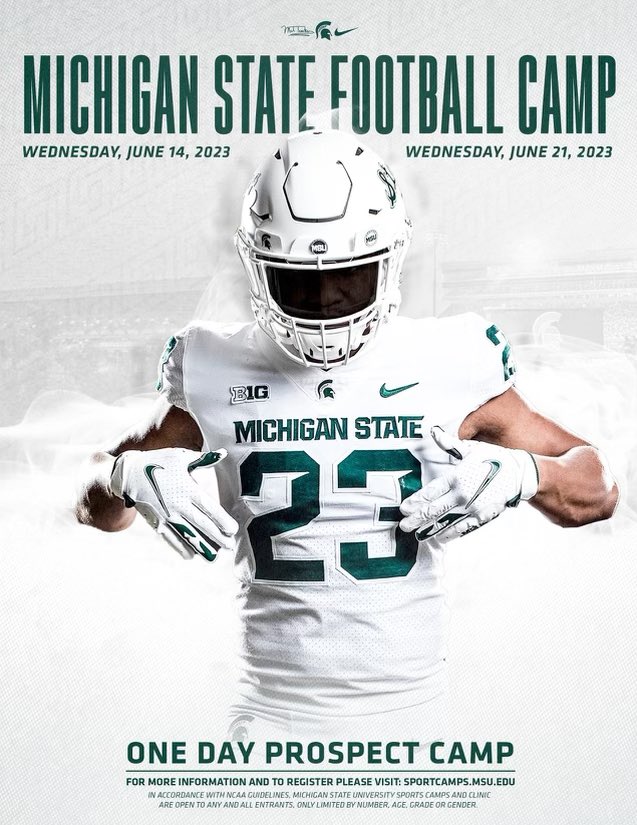 Looking forward to prospect camp at MSU tomorrow here comes the 2027 invasion! @JayJohnsonFB @AllenTrieu @MarkDiethorn @bmoorecfb @CoachRuffing @SeanLevyMSU @SeanScherer247 @On3Noah
