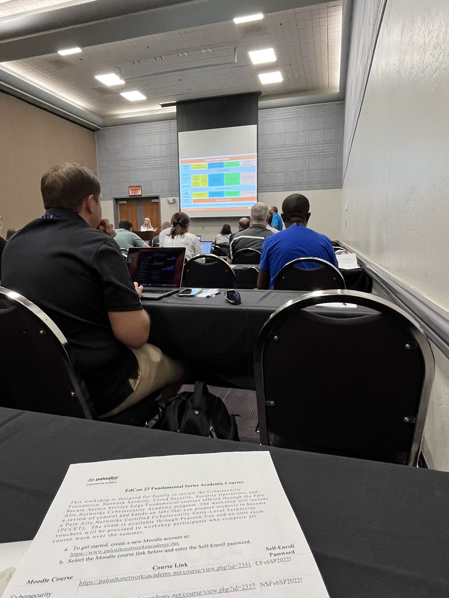 A great session with <a href="/PaloAltoNtwks/">Palo Alto Networks</a>! Some awesome information on academy partner training and options for student certifications! #EdCon23 #iamcyber <a href="/cyber_dot_org/">CYBER.ORG</a>