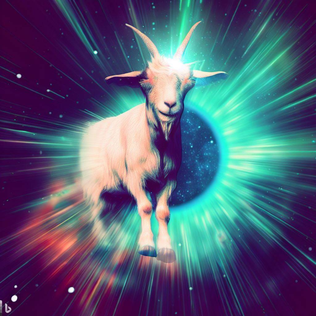 PlatoGoat's tweet photo. The goat hath returned with image prompting. Check out this outstanding creation from Bing creator.

"make a stoned goat standing on a photon hurtling through space"

Enjoy. There will be more.

#AIImage #StonerFam #BeYourself https://t.co/y0jLgHanYr