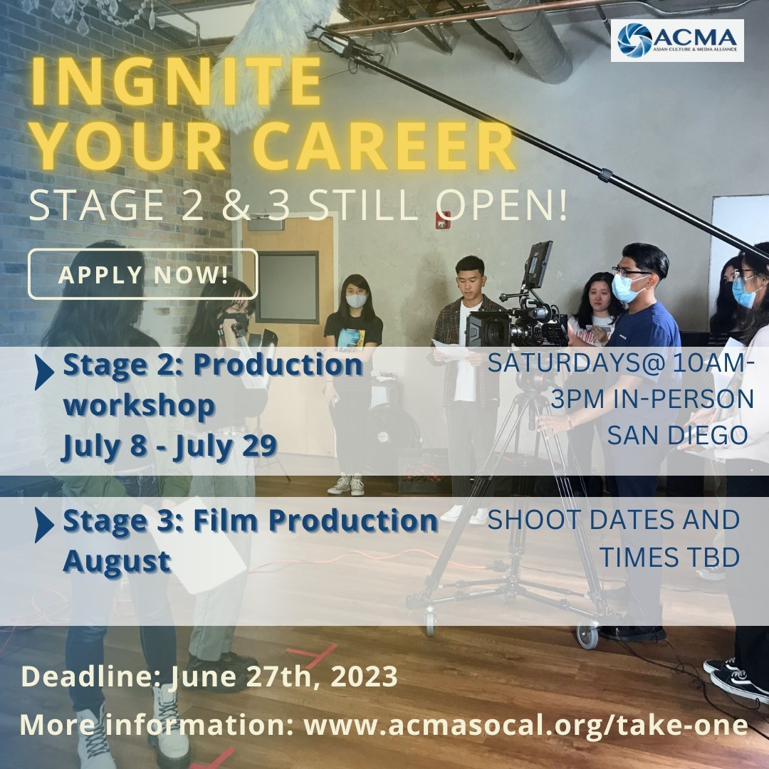 We are still accepting applications for stages 2 & 3 of our Take One Program! Learn more about these stages on our website! Deadline to apply June 27th📣⌛️ #studentleadership #filmworkshops #sandiego #mediaarts #studentmedia #aspiringfilmstudents #takeone2023 #aspiringfilmmake