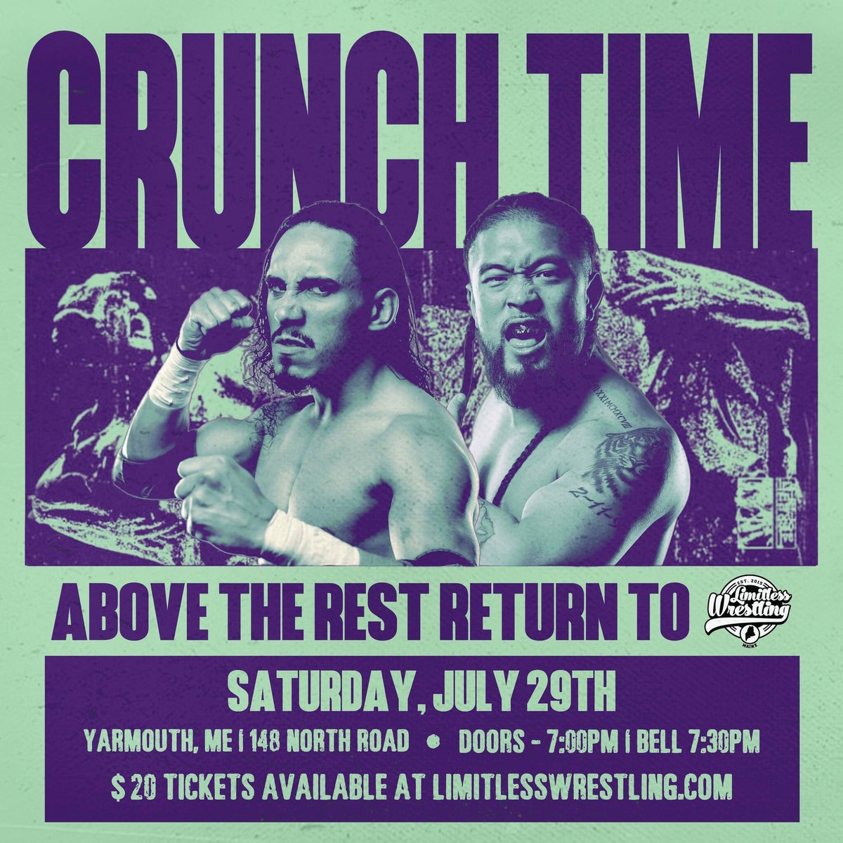 ABOVE THE REST are BACK‼️

Tristen Thai &amp; Gabriel Skye have lit up the Limitless Wrestling tag team division since their debut last year. The tandem touches down in Yarmouth, ME once again at #CrunchTime on 7/29!

➕ PLUS
• Price/Janela
• Beef/Henry

🎟 LimitlessWrestling.com/tickets