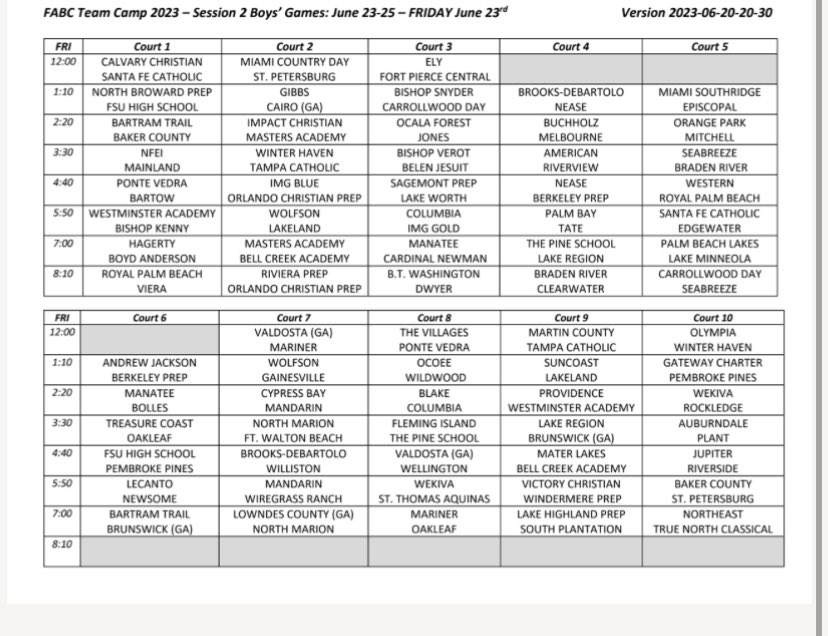 FabeHoops's tweet image. FABC SESSION 2 SCHEDULE
JUN 23 VS SANTA FE CATHOLIC 5:50 Court 5
JUN 24 VS LAKELAND 9:40am Court 1
JUN 24 VS FSU HIGH SCHOOL 2:20 Court 1
JUN 25 VS GATEWAY CHARTER 10:50am Court 10